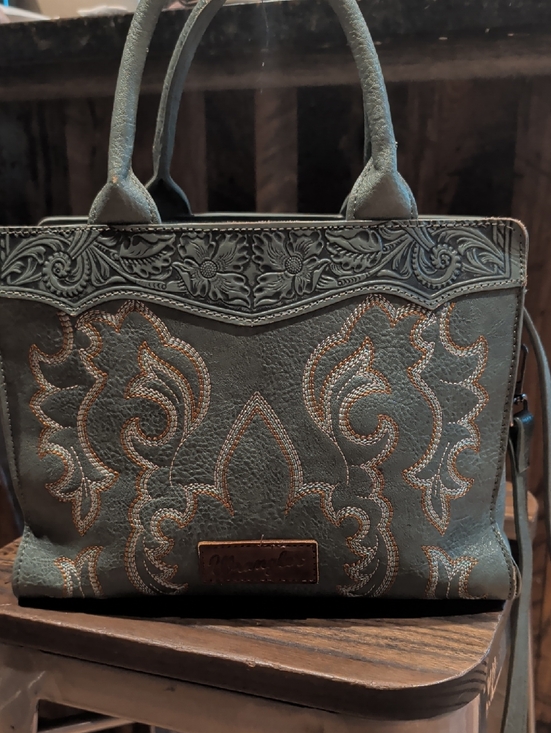 Wrangler Handbags - Wrangler Teal Embossed Satchel with Contrast Stitching
